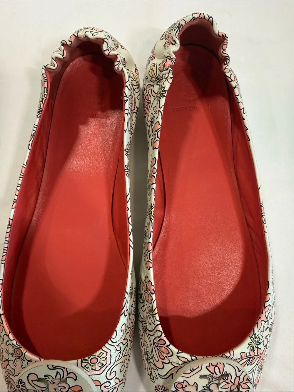 Tory Burch White Floral Ballet Flats with Red Interior